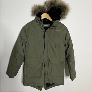 Eddie Bauer Down Parka Coat Boys Faux Green Hooded XS 7 8